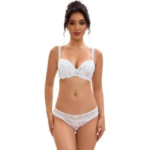 imageAllegra K Womens Push Up Lingerie Set Adjustable Straps Padded Floral Lace Underwired Bras and PantiesWhite