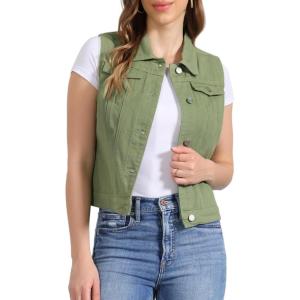 image:imageAllegra K Womens Buttoned Washed Denim Vest Jacket W Chest Flap PocketsBean Green