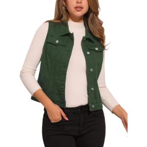 image:imageAllegra K Womens Buttoned Washed Denim Vest Jacket W Chest Flap PocketsDark Green