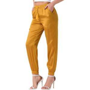 image:imageAllegra K High Waisted Pants for Womens Casual Drawstring Ankle Length Satin JoggersGold