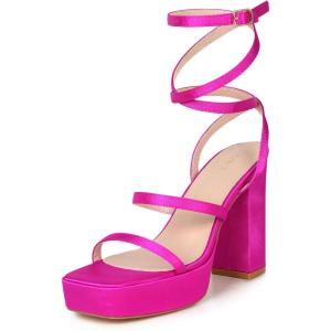 image:imageAllegra K Womens Platform Heels Square Toe Chunky High Heel Satin SandalsFuchsia Pink