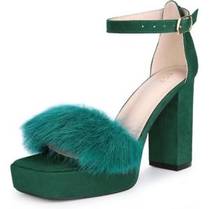 image:imageAllegra K Womens Square Toe Faux Fur Platform Chunky Heels SandalsEmerald Green