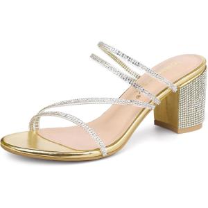 image:imageAllegra K Womens Strappy Rhinestone Block Heel Slide SandalsGold