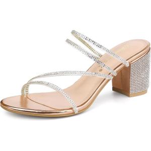 image:imageAllegra K Womens Strappy Rhinestone Block Heel Slide SandalsRose Gold