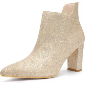 image:imageAllegra K Womens Glitter Pointed Toe Cutout Block Heel Ankle BootiesGold
