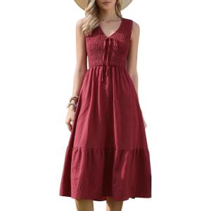 image:imageAllegra K Sleeveless Dress for Women V Neck Bow Tie Smocked A Line Summer Casual Tiered Midi DressesBurgundy
