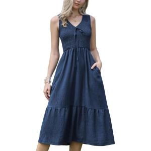 image:imageAllegra K Sleeveless Dress for Women V Neck Bow Tie Smocked A Line Summer Casual Tiered Midi DressesDark Blue