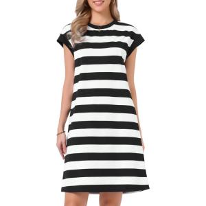 image:imageAllegra K Striped Summer Dresses for Women 2026 Cap Sleeve Color Block Crew Neck Casual Tshirt DressBlack and White