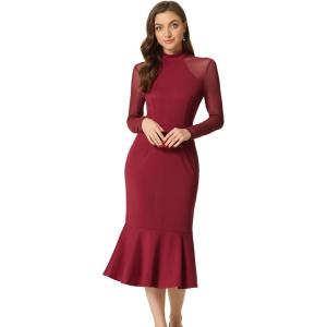 image:imageAllegra K Womens Mermaid Bodycon Dress Sheer Mesh Long Sleeve Mock Neck Elegant Evening Cocktail Valentines DressesDeep Red