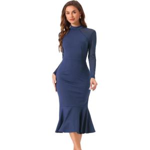 image:imageAllegra K Womens Mermaid Bodycon Dress Sheer Mesh Long Sleeve Mock Neck Elegant Evening Cocktail Valentines DressesNavy Blue