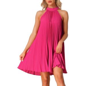 image:imageAllegra K Womens Tie Halter Neck Dress Sleeveless Summer Solid Color Flowy Pleated Beach Dress SundressHot Pink