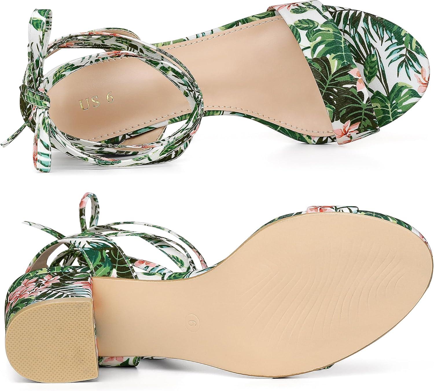image:imageAllegra K Womens Block Heel Sandals Floral Green Lace Up Heels 9 m US