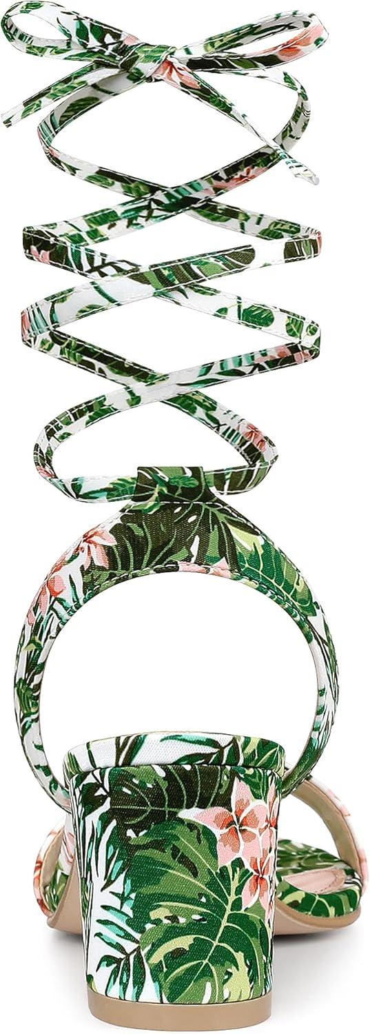 image:imageAllegra K Womens Block Heel Sandals Floral Green Lace Up Heels 9 m US