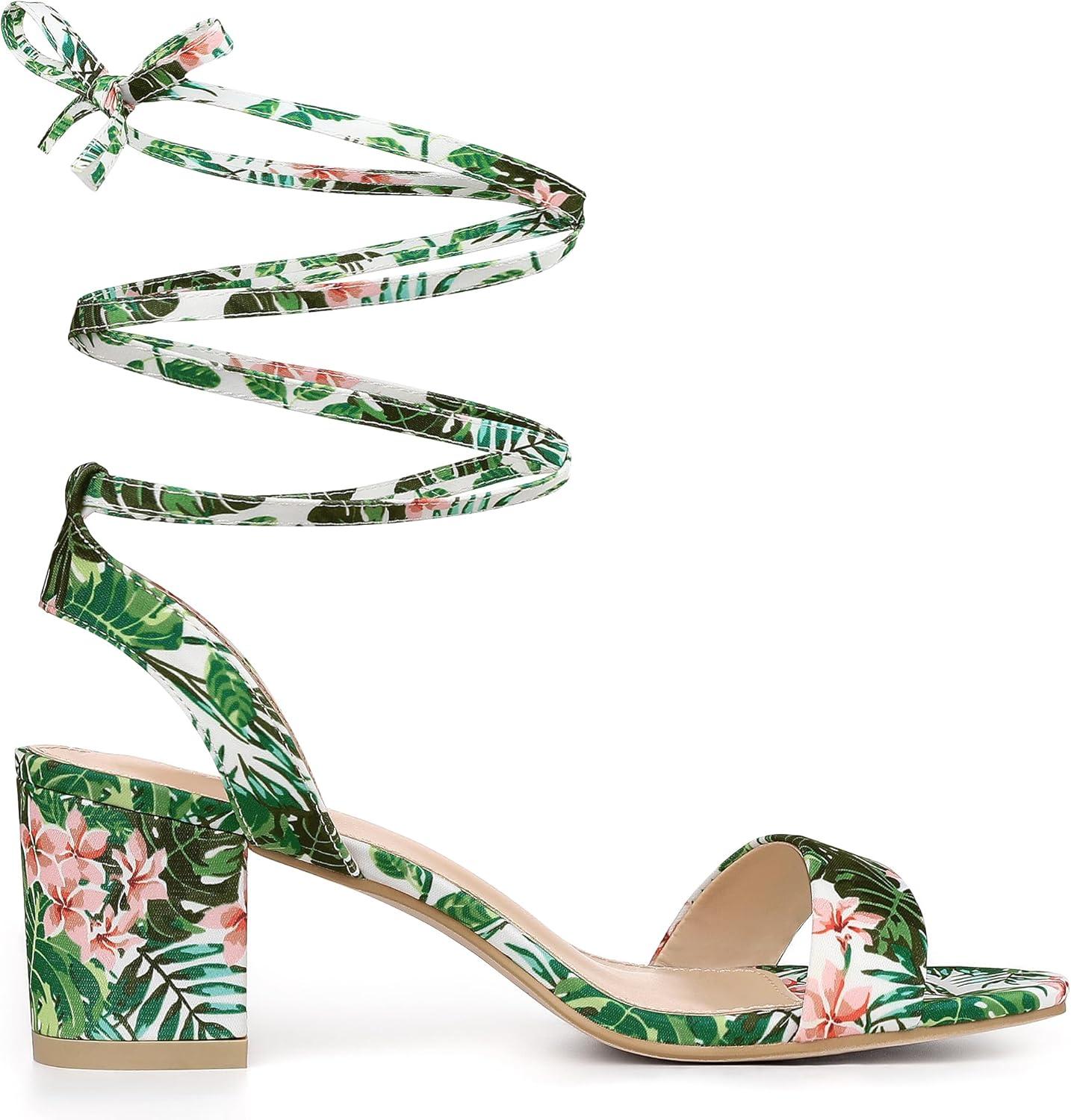 image:imageAllegra K Womens Block Heel Sandals Floral Green Lace Up Heels 9 m US