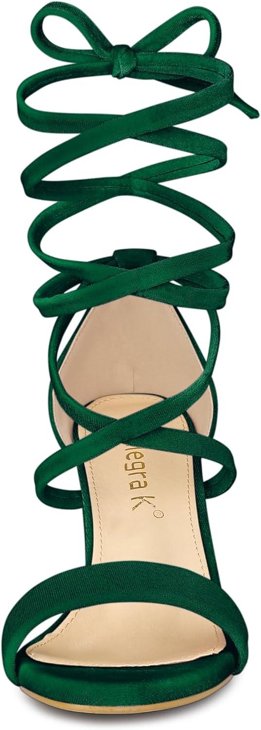 image:imageAllegra K Womens Faux Velvet Lace Up Chunky Dark Green Heel Strappy Sandals 95 m US