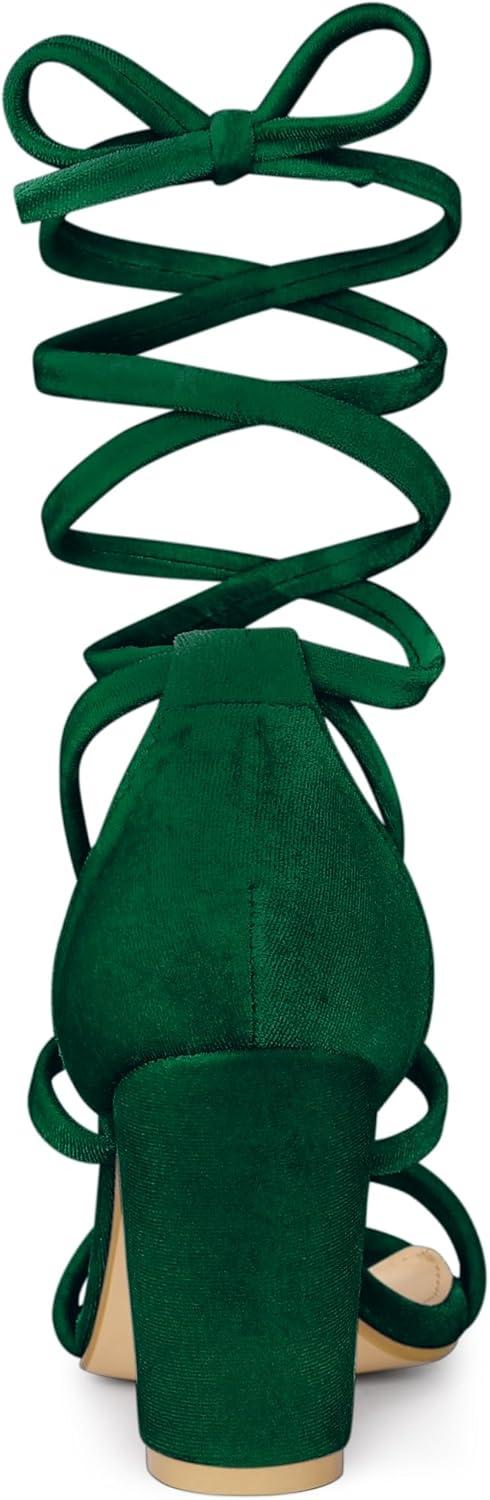 image:imageAllegra K Womens Faux Velvet Lace Up Chunky Dark Green Heel Strappy Sandals 95 m US