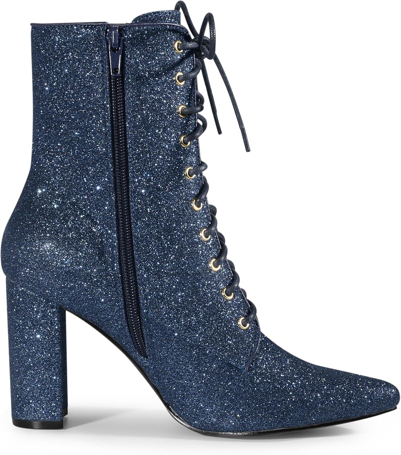 image:imageAllegra K Womens Glitter Pointed Toe Block Heel Halloween Ankle BootsNavy Blue