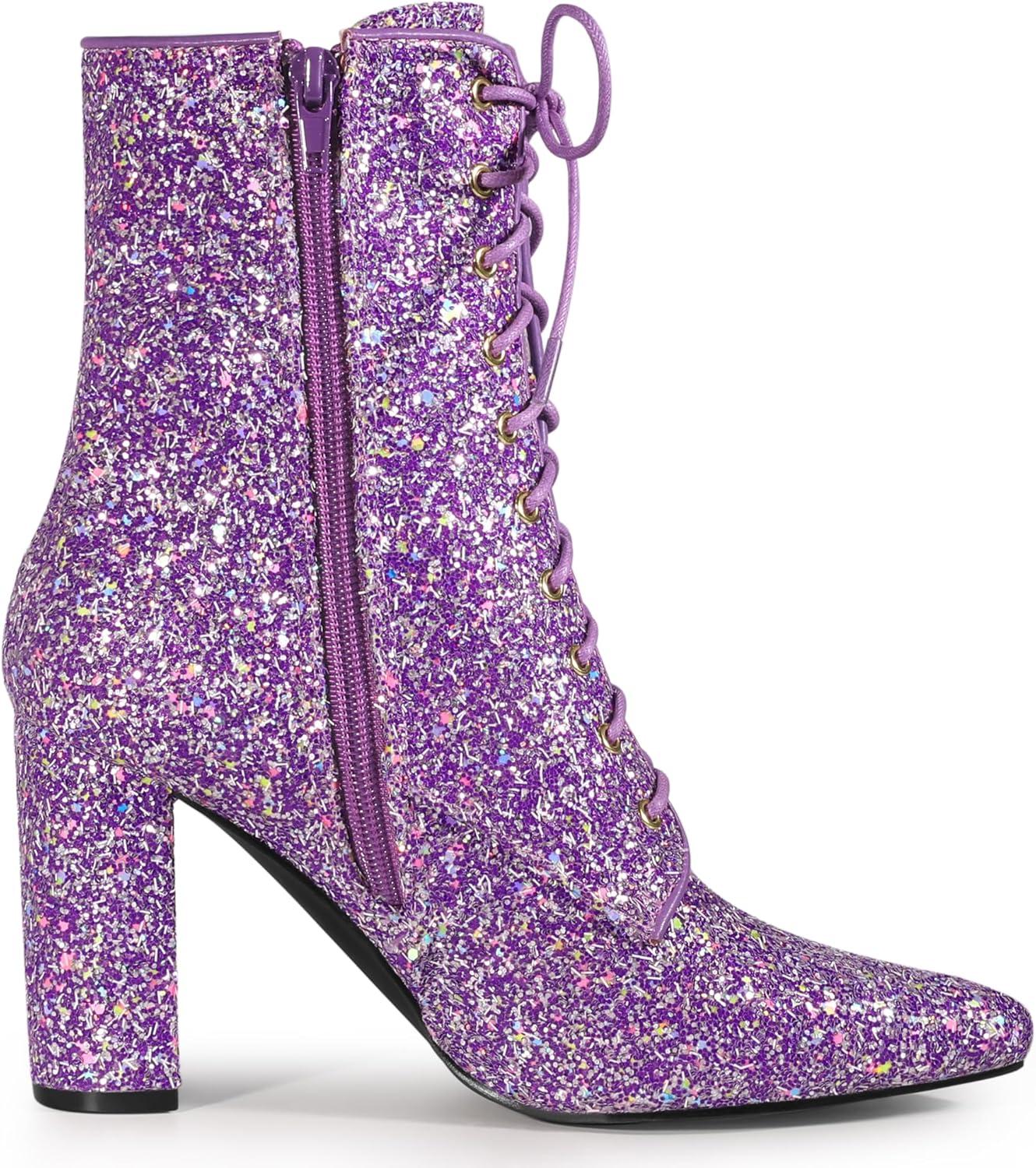 image:imageAllegra K Womens Glitter Pointed Toe Block Heel Halloween Ankle BootsPurple