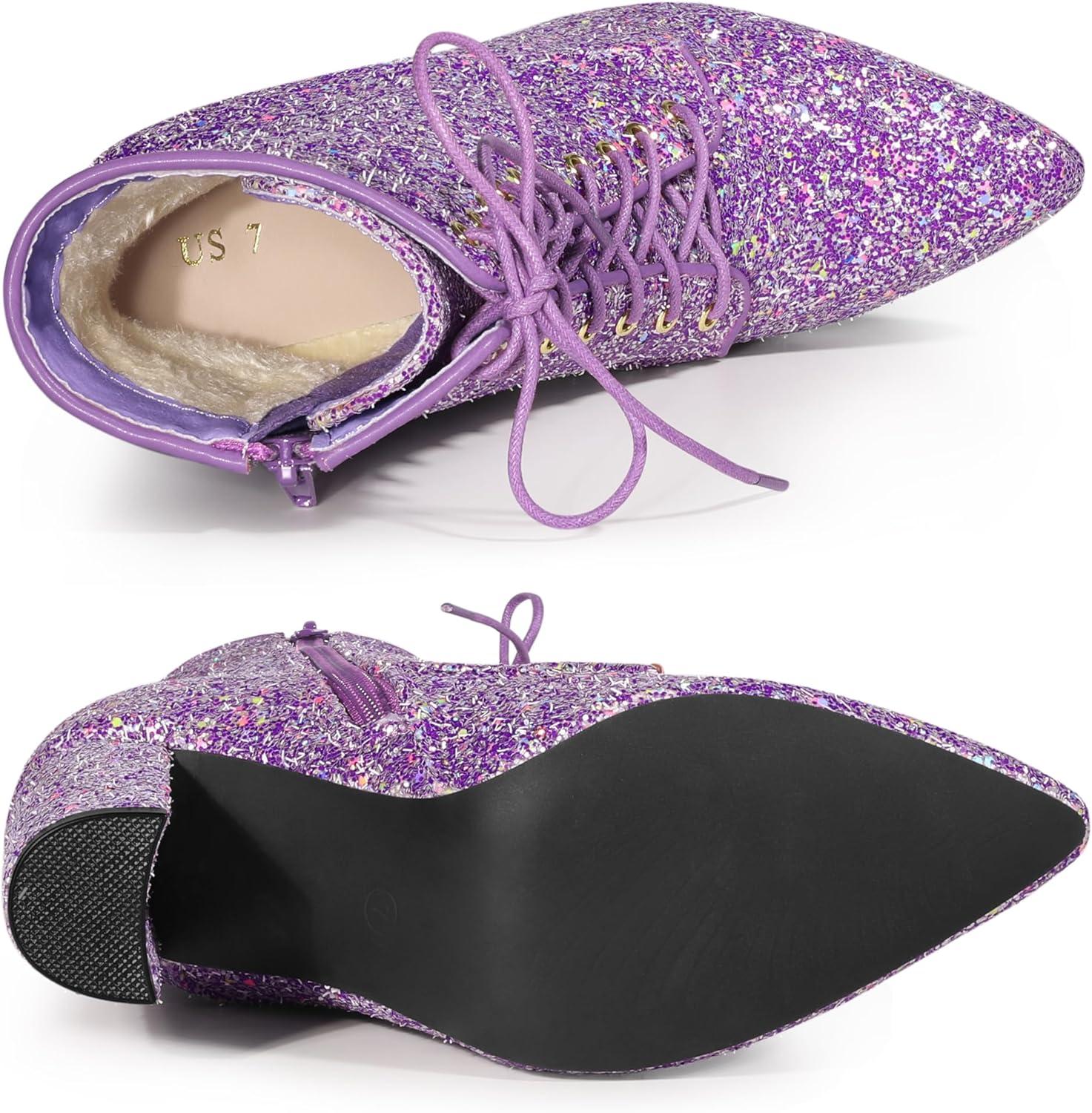 image:imageAllegra K Womens Glitter Pointed Toe Block Heel Halloween Ankle BootsPurple