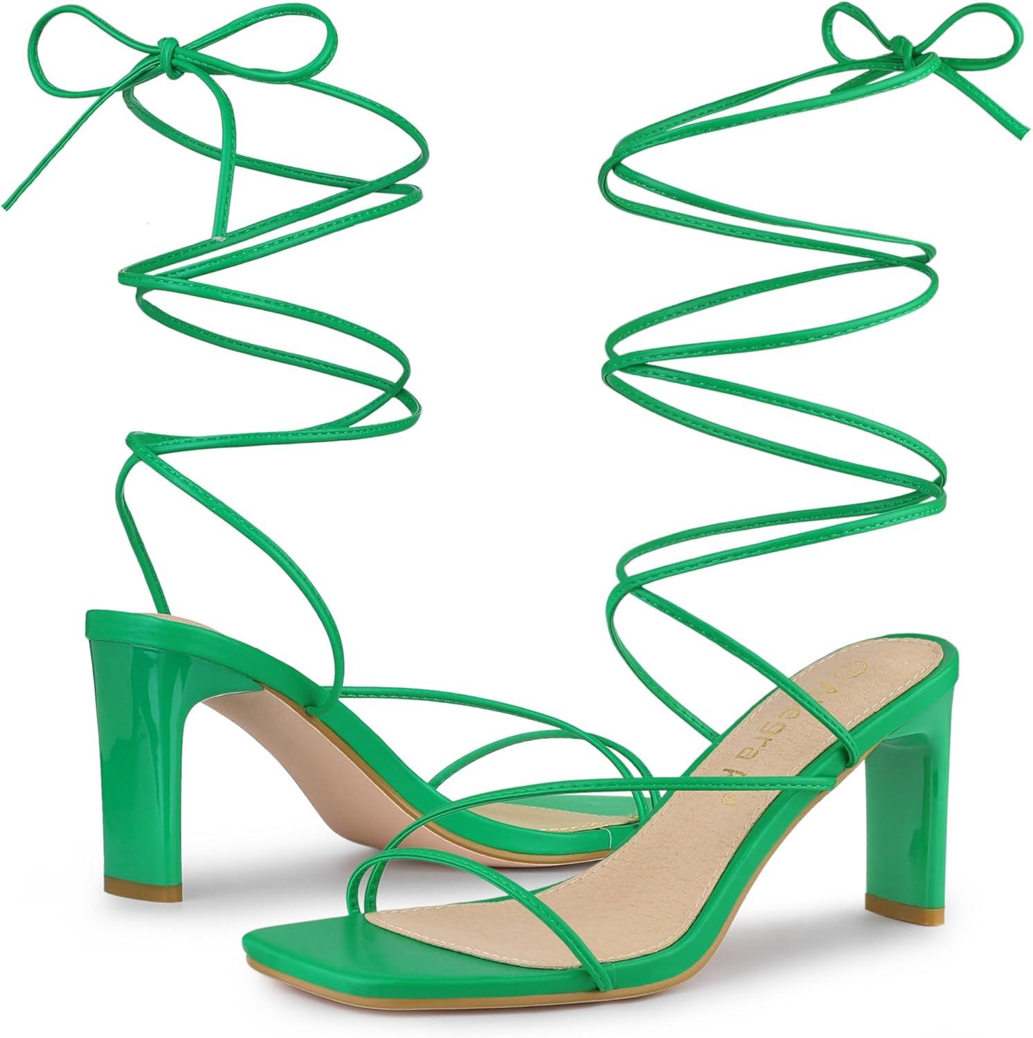 image:imageAllegra K Womens Lace Up Strappy Block High Heel Green Sandals 8 m US