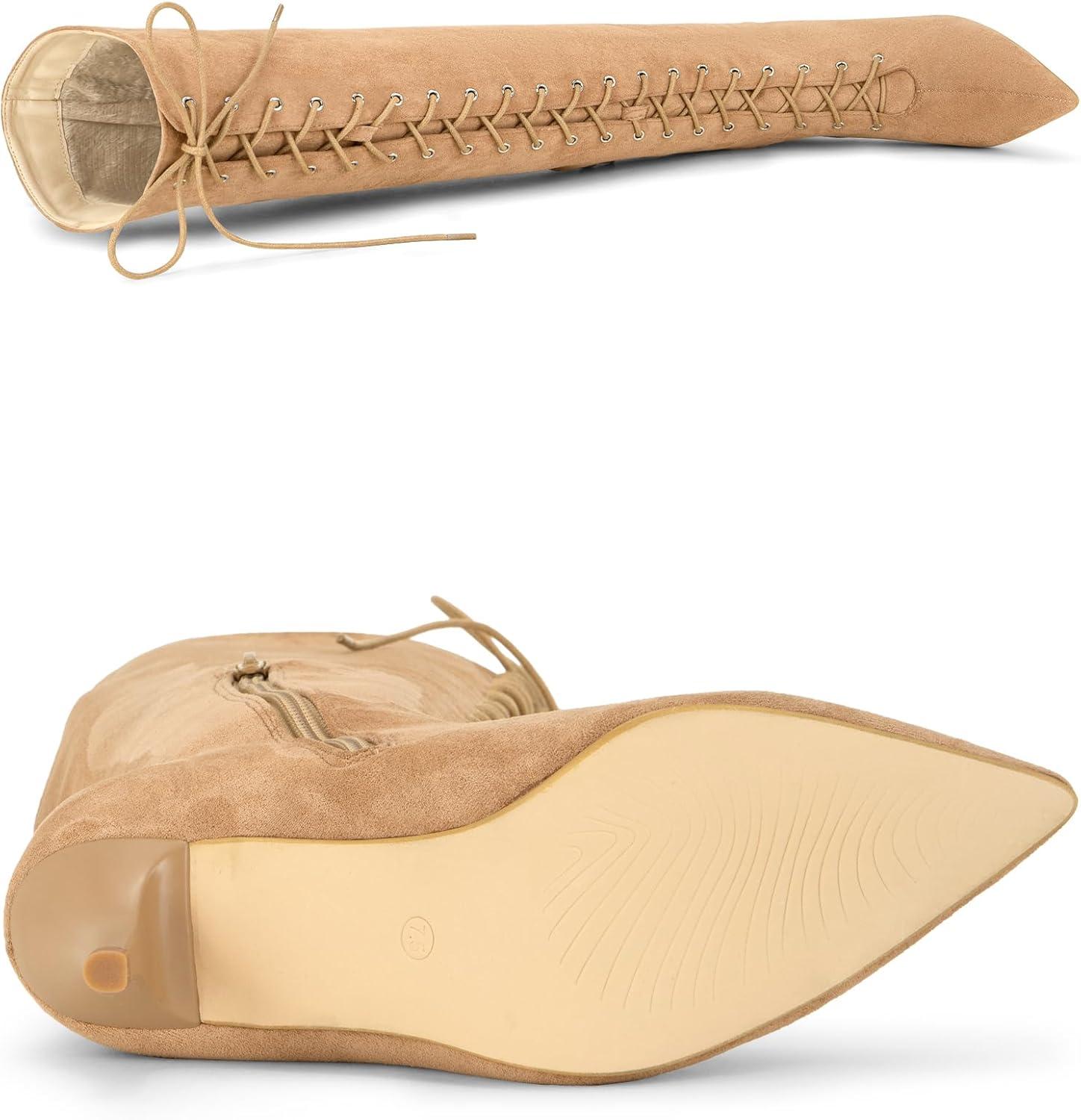 image:imageAllegra K Womens Thigh High Boots Lace Up Stiletto Heel Over Knee High BootsNude