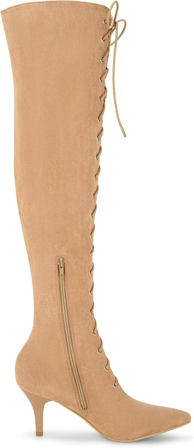 image:imageAllegra K Womens Thigh High Boots Lace Up Stiletto Heel Over Knee High BootsNude