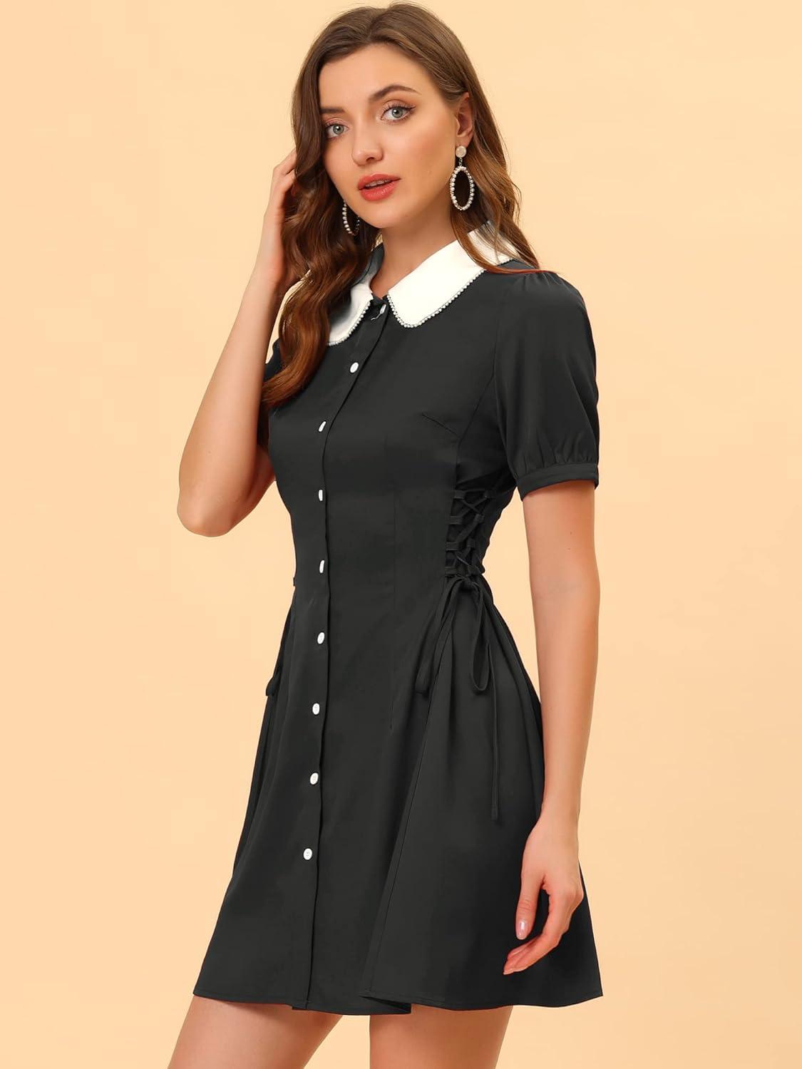 image:imageAllegra K Womens Vintage Peter Pan Collar Lace Up Button Down A Line DressBlack