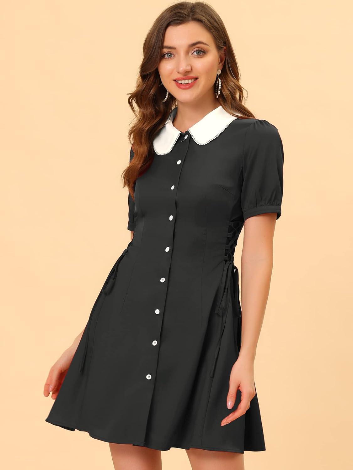 image:imageAllegra K Womens Vintage Peter Pan Collar Lace Up Button Down A Line DressBlack