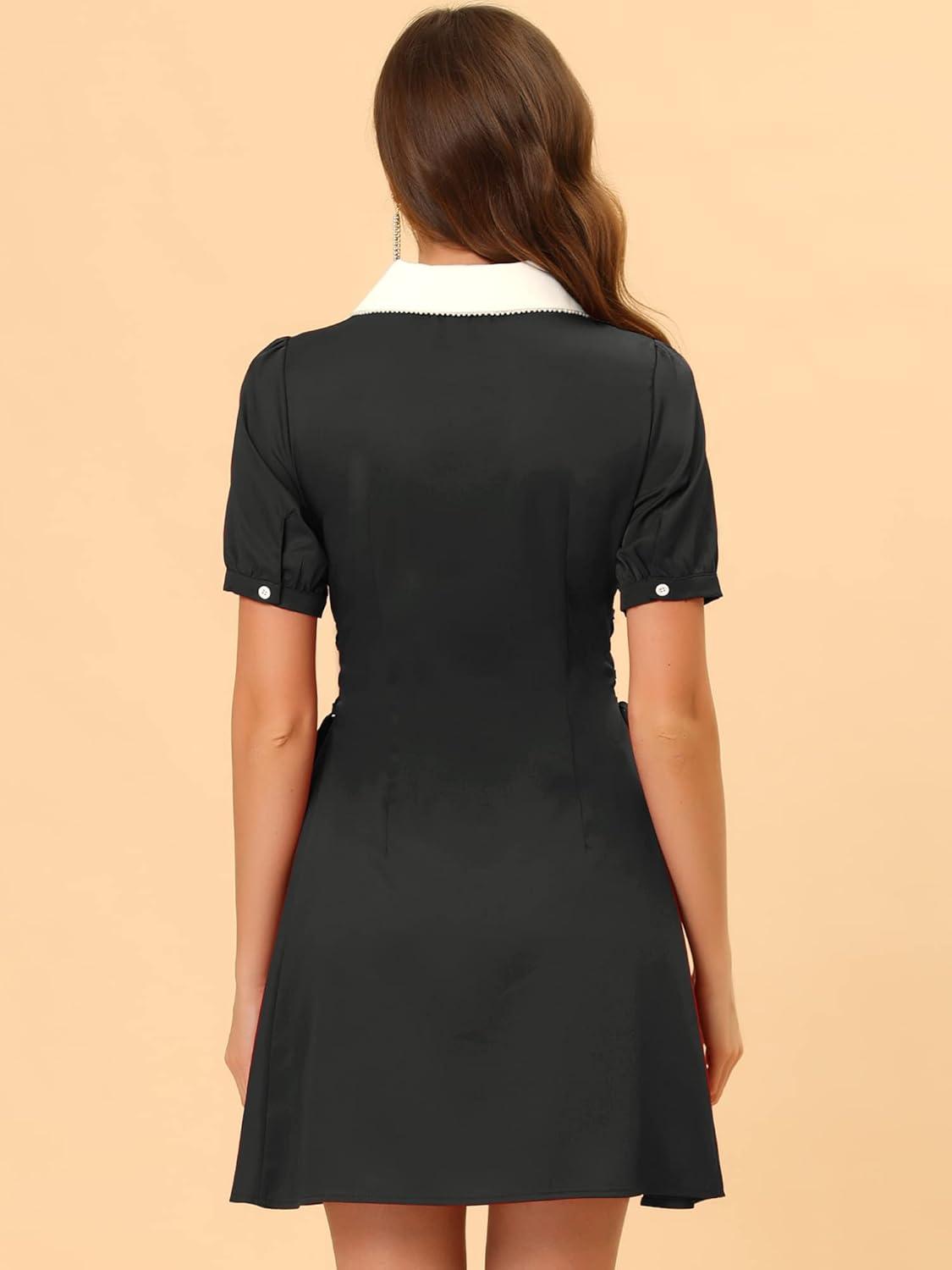 image:imageAllegra K Womens Vintage Peter Pan Collar Lace Up Button Down A Line DressBlack