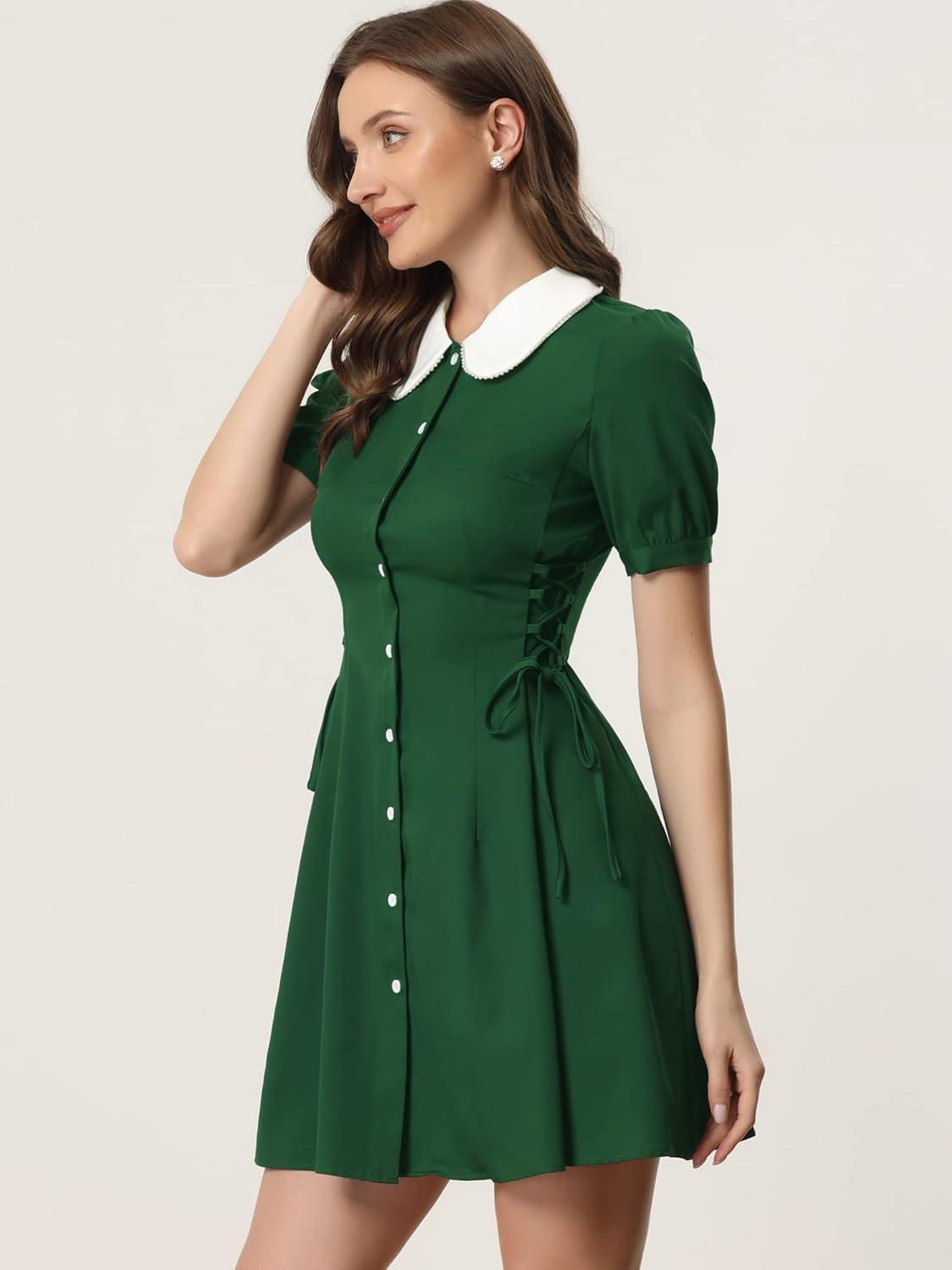 image:imageAllegra K Womens Vintage Peter Pan Collar Lace Up Button Down A Line DressGreen