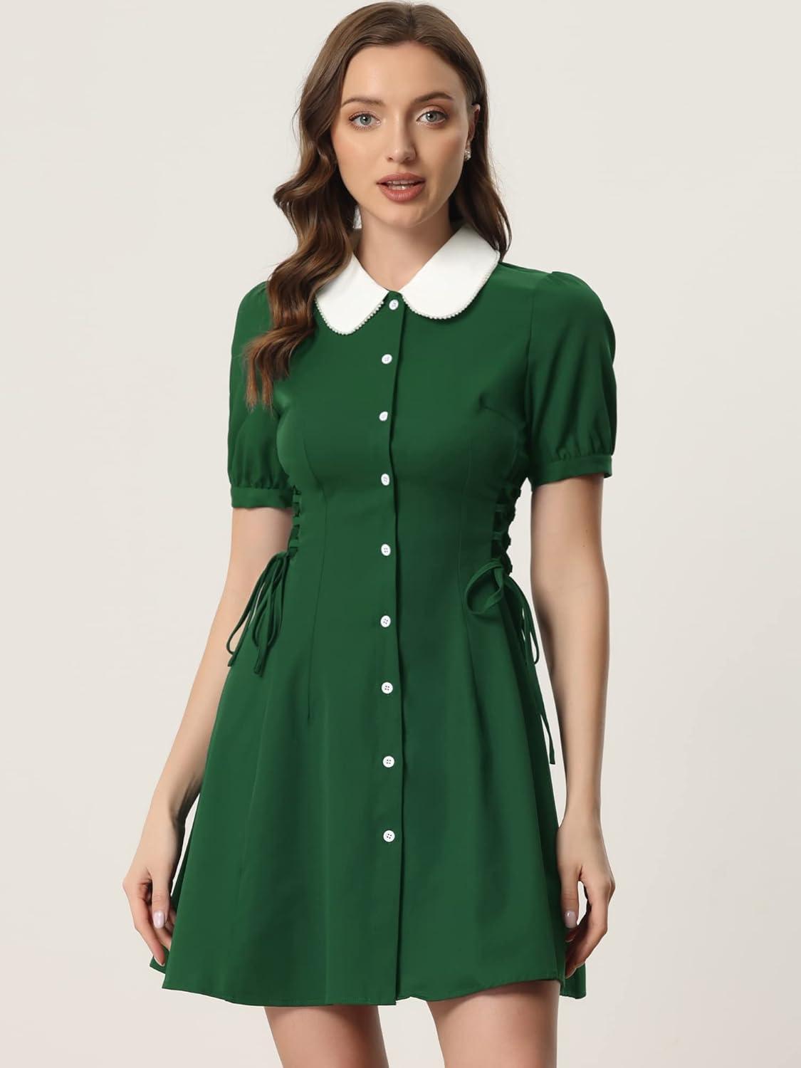 image:imageAllegra K Womens Vintage Peter Pan Collar Lace Up Button Down A Line DressGreen