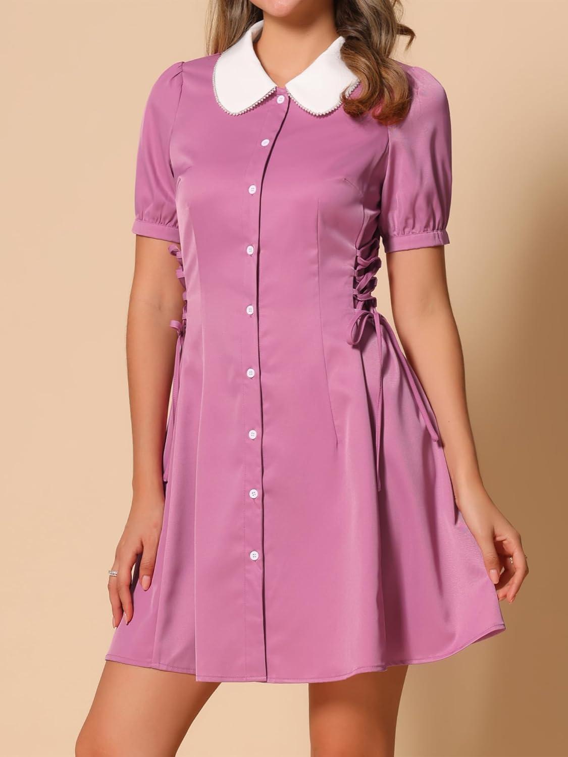 image:imageAllegra K Womens Vintage Peter Pan Collar Lace Up Button Down A Line DressPurple