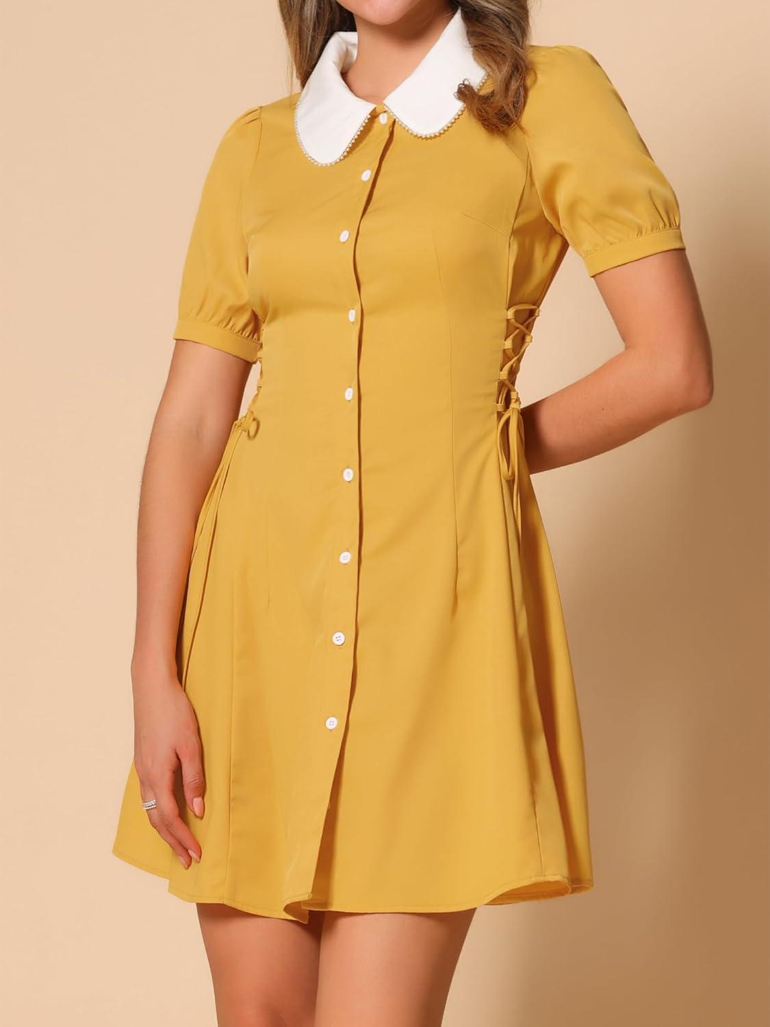 image:imageAllegra K Womens Vintage Peter Pan Collar Lace Up Button Down A Line DressYellow