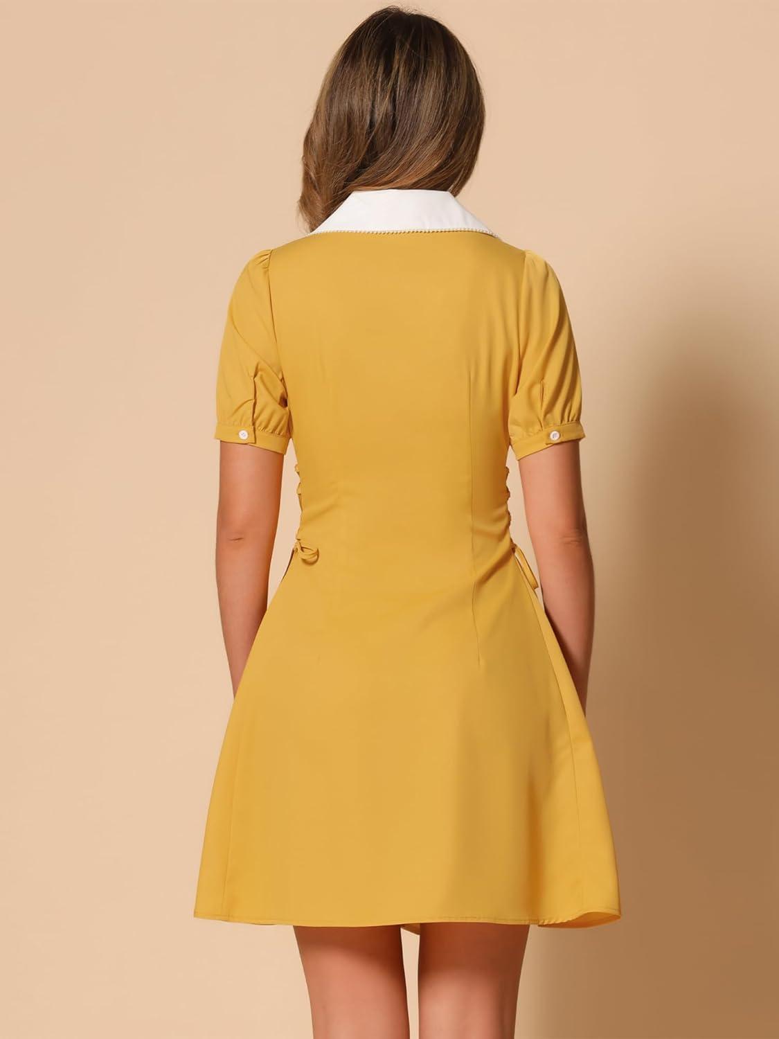 image:imageAllegra K Womens Vintage Peter Pan Collar Lace Up Button Down A Line DressYellow