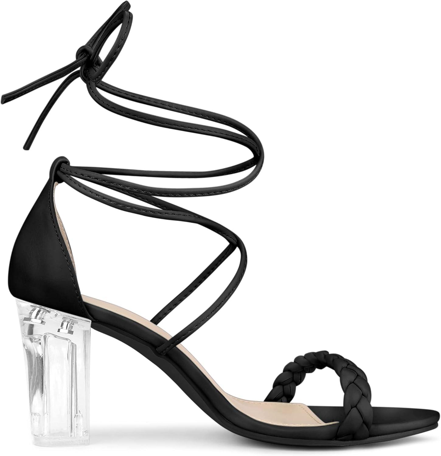image:imageAllegra K Womens Woven Braided Heel Lace Up Clear Block Heel SandalsBlack