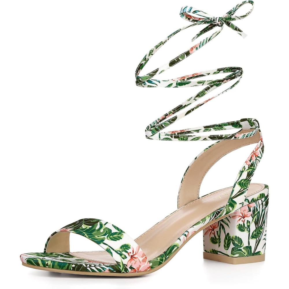 image:imageAllegra K Womens Block Heel Sandals Floral Green Lace Up Heels 9 m US