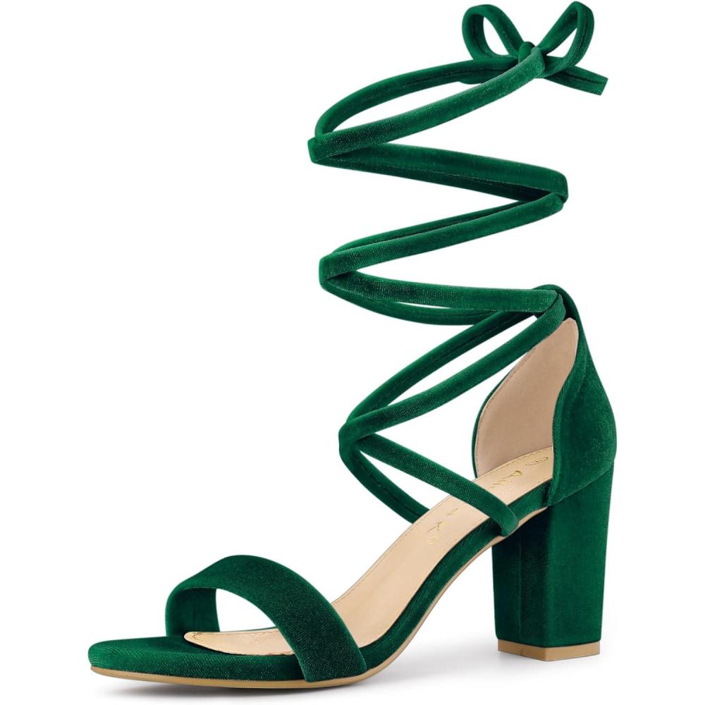 image:imageAllegra K Womens Faux Velvet Lace Up Chunky Dark Green Heel Strappy Sandals 95 m US