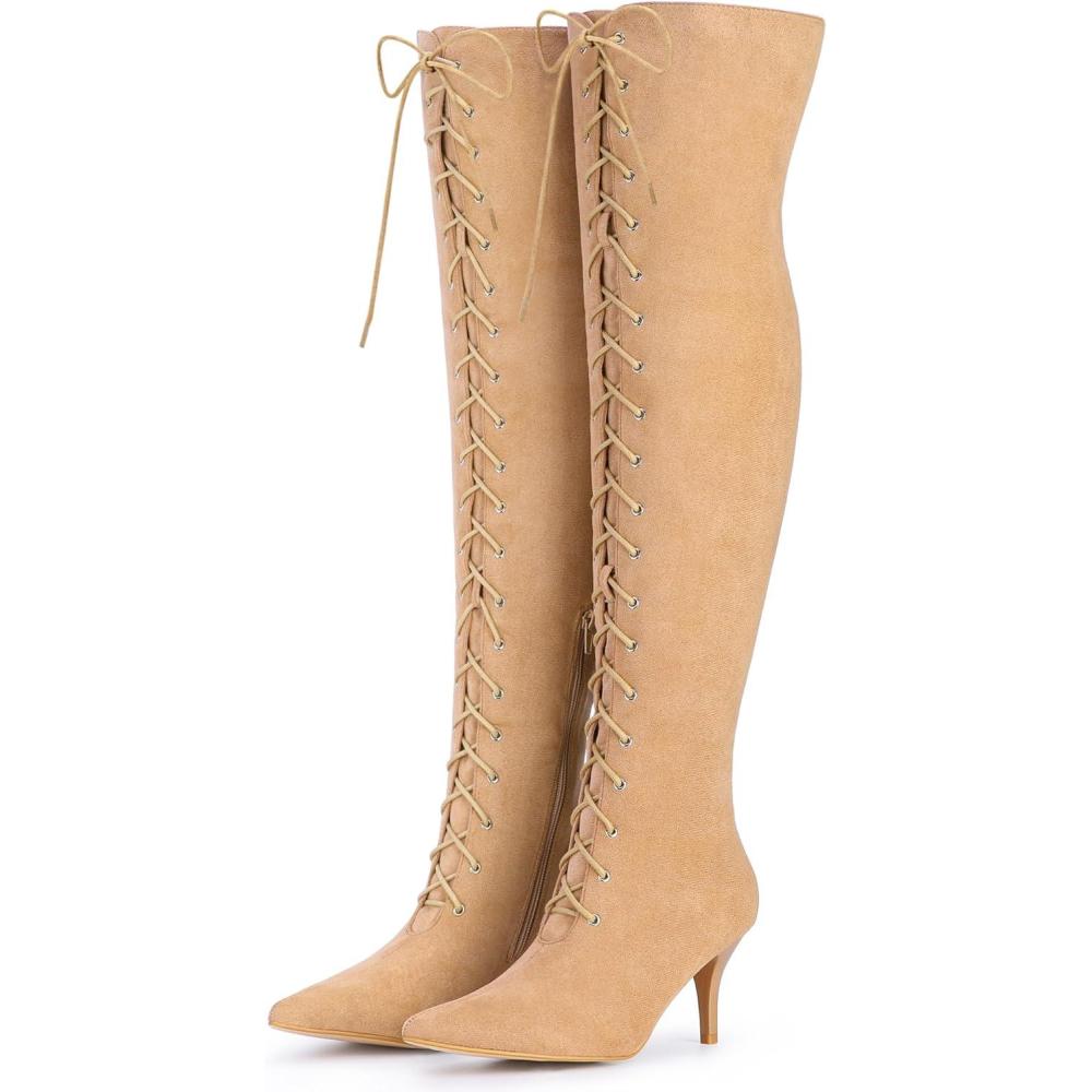 image:imageAllegra K Womens Thigh High Boots Lace Up Stiletto Heel Over Knee High BootsNude