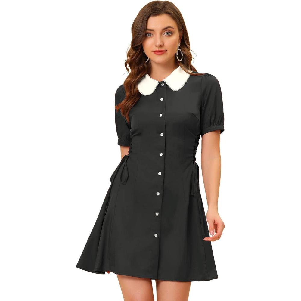 image:imageAllegra K Womens Vintage Peter Pan Collar Lace Up Button Down A Line DressBlack