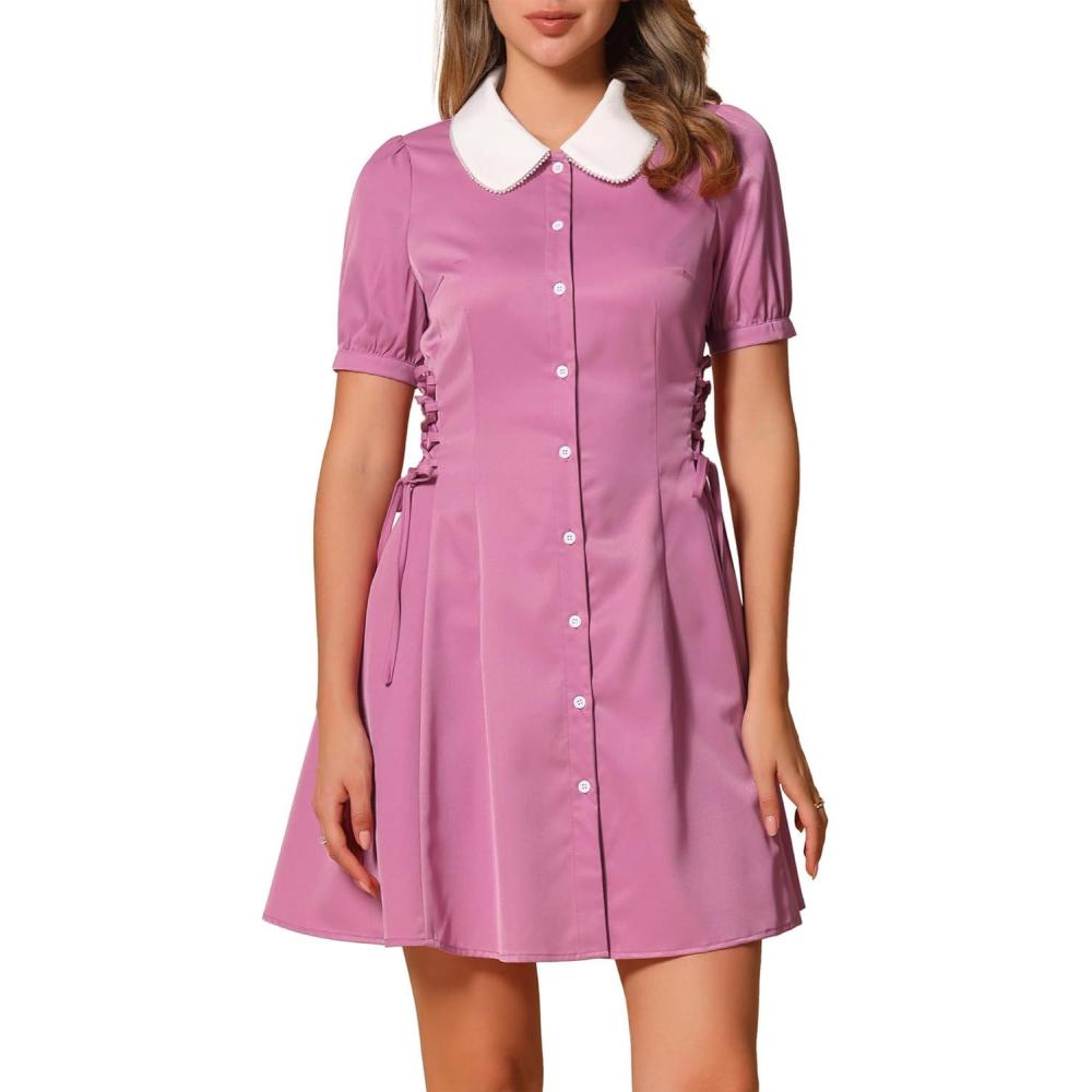 image:imageAllegra K Womens Vintage Peter Pan Collar Lace Up Button Down A Line DressPurple