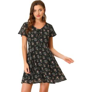 image:imageAllegra K Womens Floral Printed Spring Summer Flare Short Sleeve Laceup V Neck Chiffon DressBlack Floral