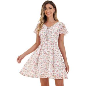 image:imageAllegra K Womens Floral Printed Spring Summer Flare Short Sleeve Laceup V Neck Chiffon DressWhite Pink