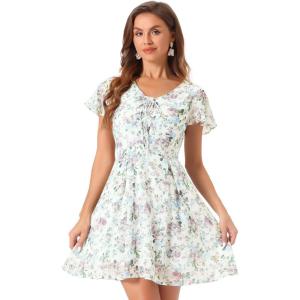 image:imageAllegra K Womens Floral Printed Spring Summer Flare Short Sleeve Laceup V Neck Chiffon DressWhite Purple