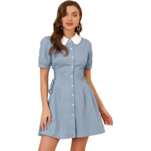 image:imageAllegra K Womens Vintage Peter Pan Collar Lace Up Button Down A Line DressBlue