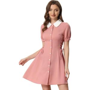 image:imageAllegra K Womens Vintage Peter Pan Collar Lace Up Button Down A Line DressPink