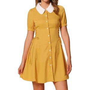 image:imageAllegra K Womens Vintage Peter Pan Collar Lace Up Button Down A Line DressYellow