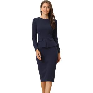 image:imageAllegra K Womens Bodycon Dresses Round Neck Long Sleeve Casual Work Outfits Peplum Sheath DressNavy Blue