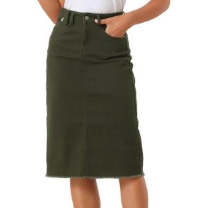 image:imageAllegra K Womens Casual Jean Skirt Back Slit Raw Hem Stretch High Waist Denim SkirtsArmy Green