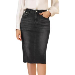 image:imageAllegra K Womens Casual Jean Skirt Back Slit Raw Hem Stretch High Waist Denim SkirtsBlack
