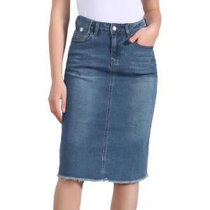 image:imageAllegra K Womens Casual Jean Skirt Back Slit Raw Hem Stretch High Waist Denim SkirtsBlue
